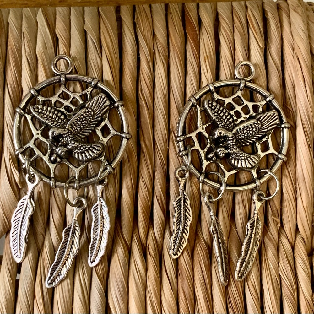 Vintage Pewter Eagle Dream Catcher Earrings Pendants Dangle Feather Charms 2"